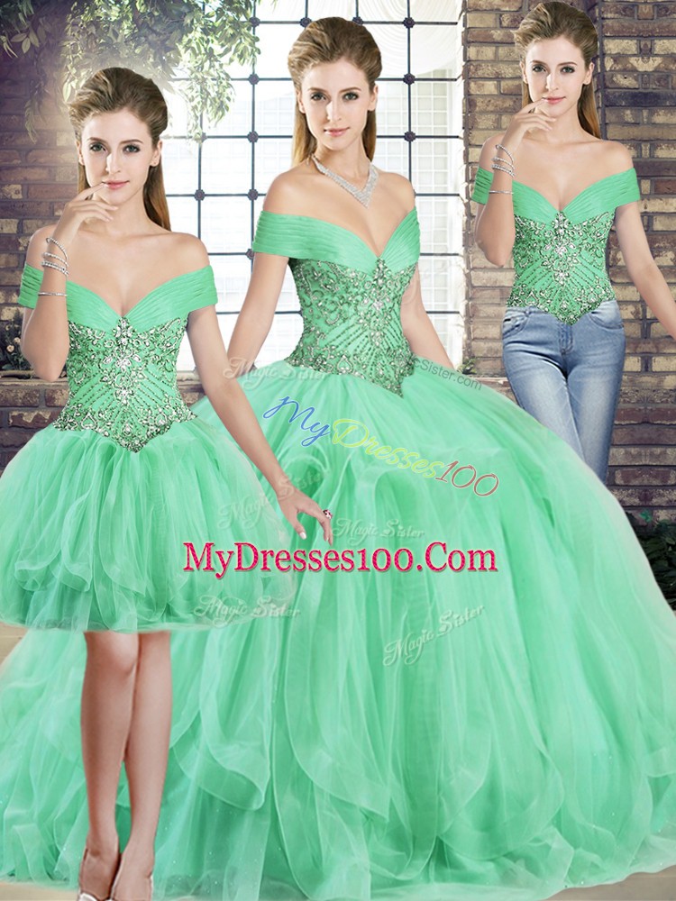 Apple Green Lace Up Off The Shoulder Beading and Ruffles Sweet 16 Dress Tulle Sleeveless