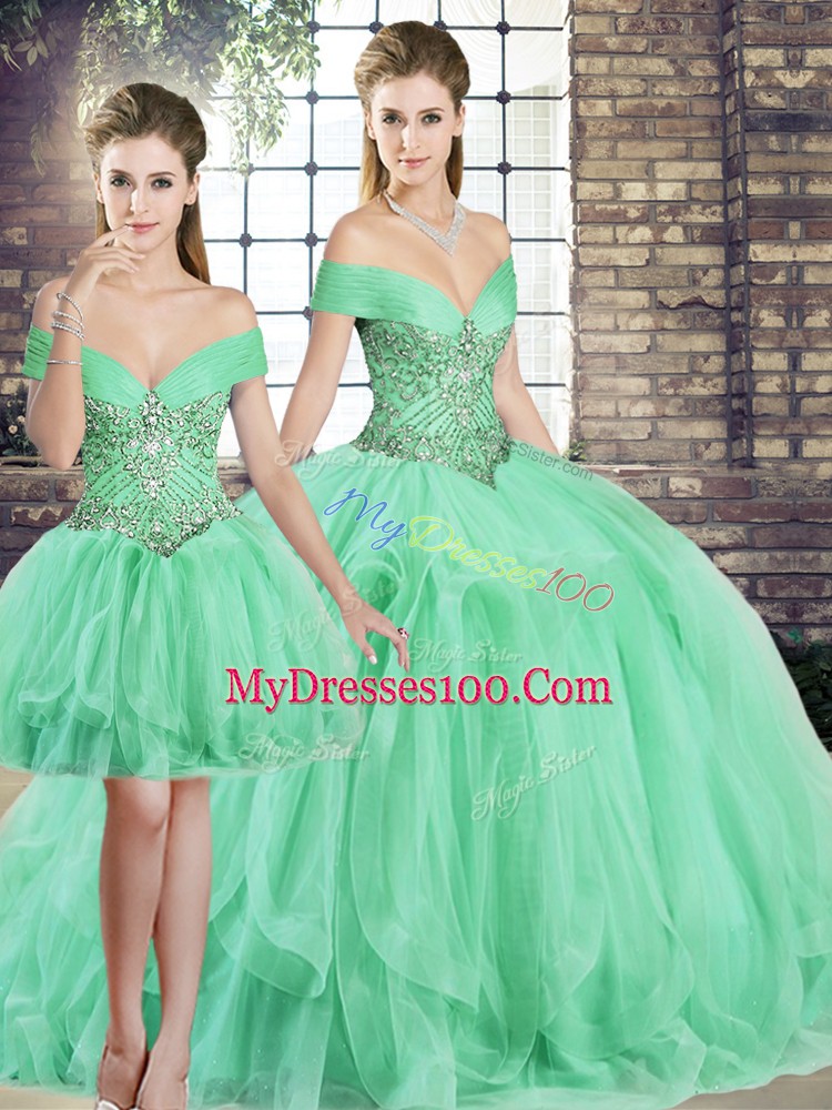 Apple Green Lace Up Off The Shoulder Beading and Ruffles Sweet 16 Dress Tulle Sleeveless
