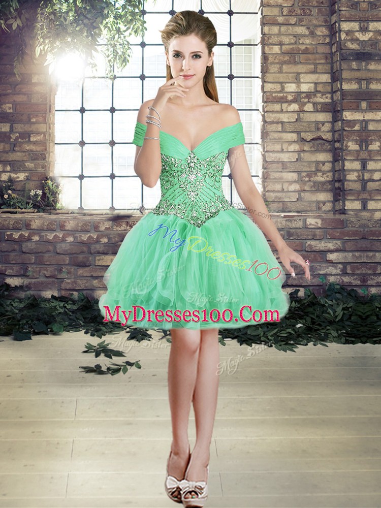 Apple Green Lace Up Off The Shoulder Beading and Ruffles Sweet 16 Dress Tulle Sleeveless
