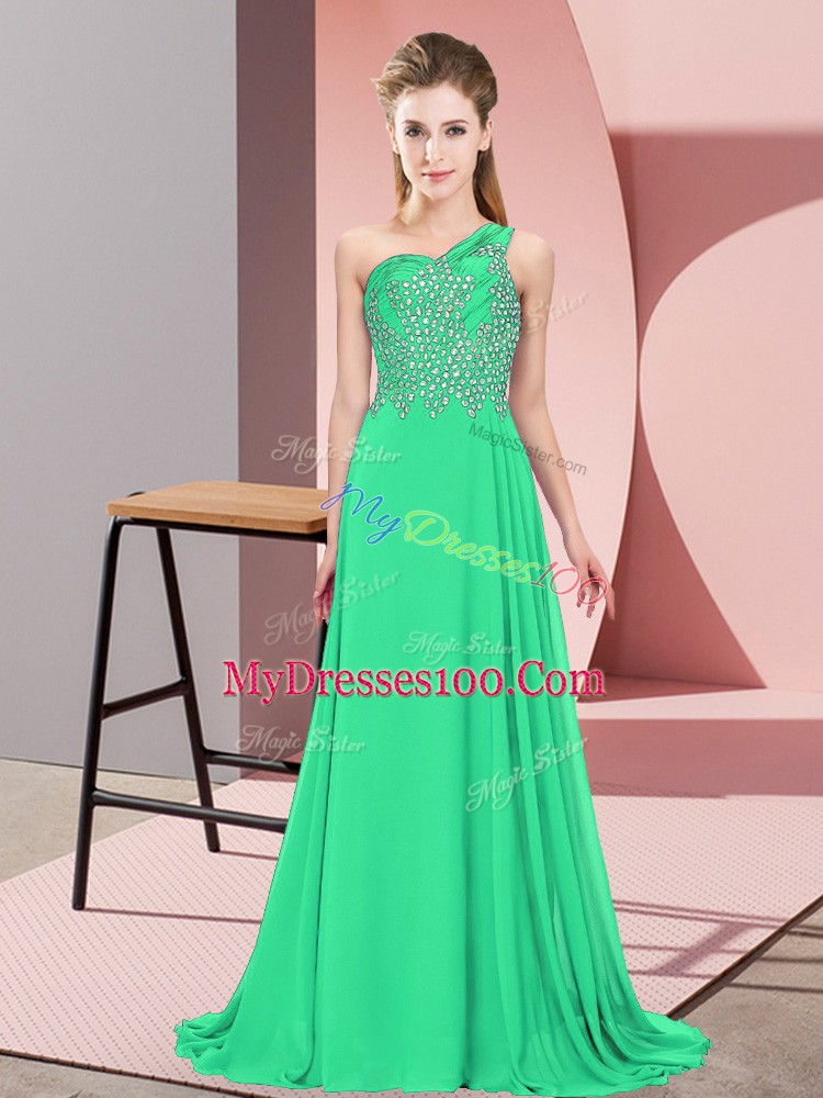 Turquoise Side Zipper One Shoulder Beading Dress for Prom Chiffon Sleeveless