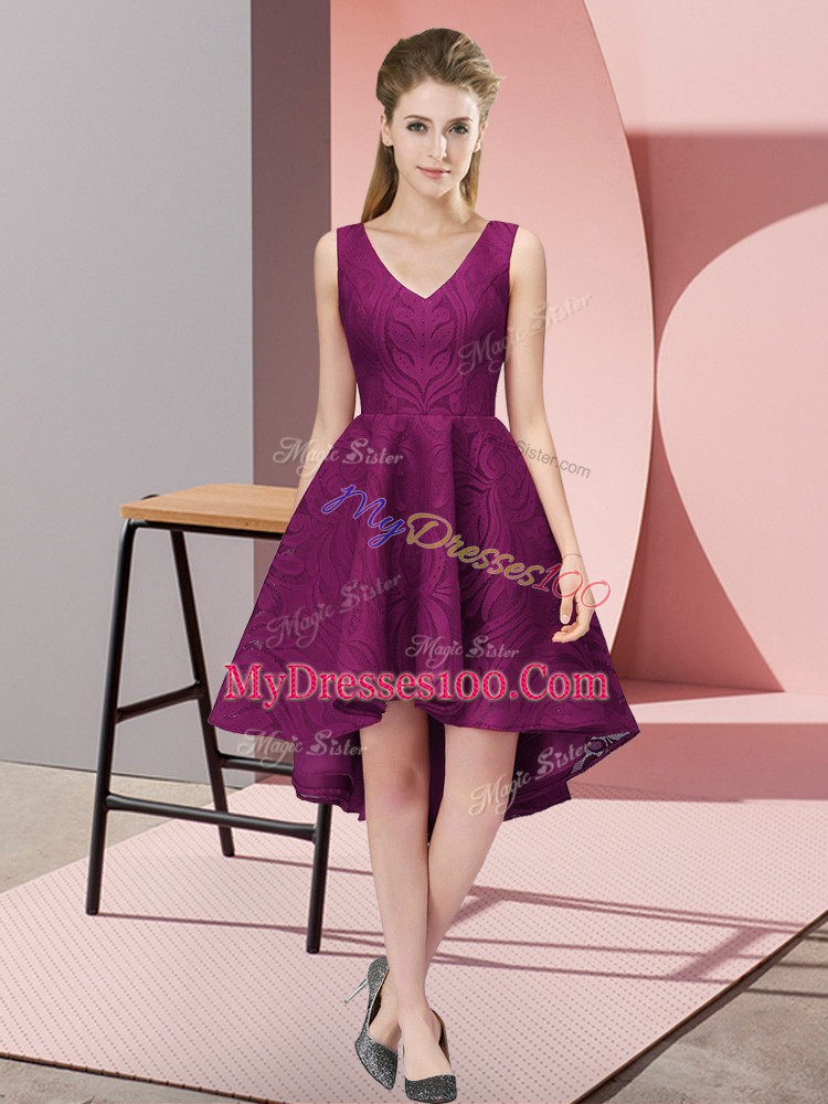 Dark Purple Sleeveless Lace High Low Quinceanera Court of Honor Dress
