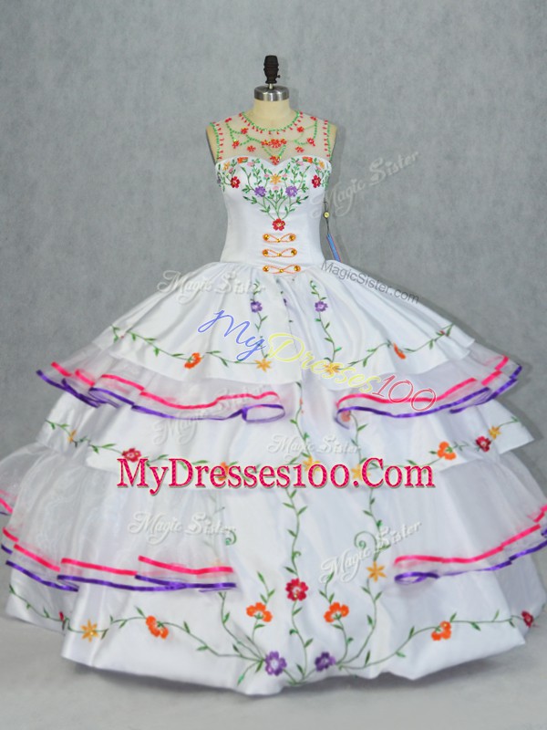 Fabulous Sleeveless Floor Length Embroidery and Ruffled Layers Lace Up Quinceanera Gown with White