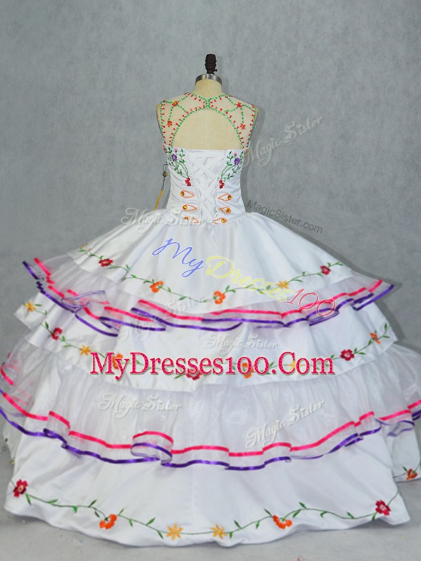 Fabulous Sleeveless Floor Length Embroidery and Ruffled Layers Lace Up Quinceanera Gown with White