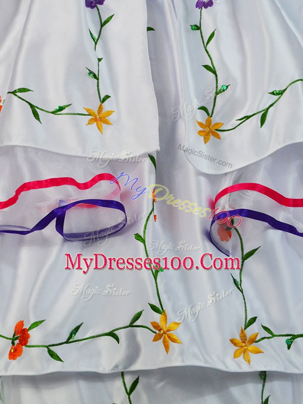 Fabulous Sleeveless Floor Length Embroidery and Ruffled Layers Lace Up Quinceanera Gown with White