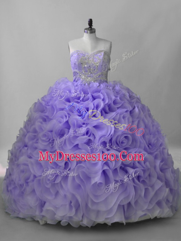 Sweetheart Sleeveless 15th Birthday Dress Brush Train Beading Lavender Fabric With Rolling Flowers