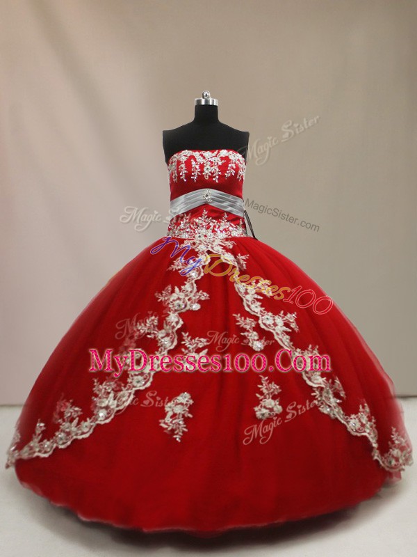 Graceful Ball Gowns 15th Birthday Dress Red Strapless Tulle Sleeveless Floor Length Lace Up