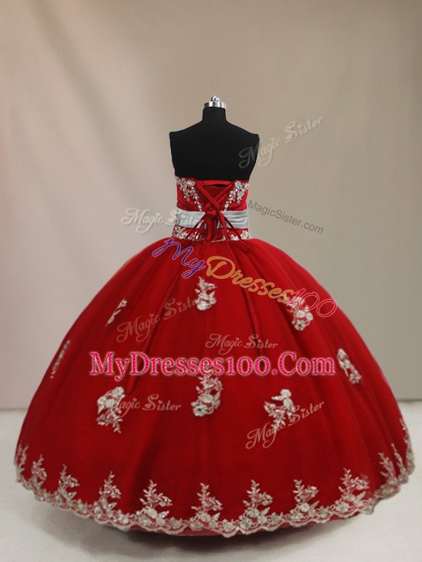 Graceful Ball Gowns 15th Birthday Dress Red Strapless Tulle Sleeveless Floor Length Lace Up