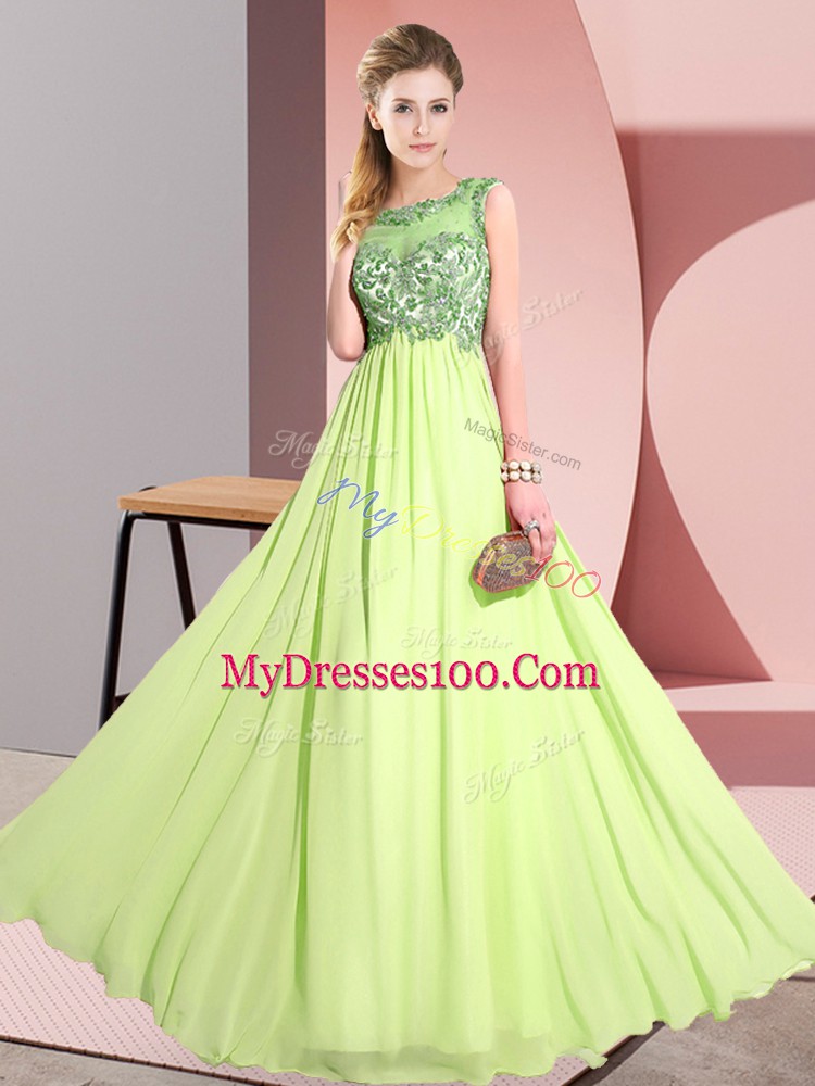 Yellow Green Empire Beading and Appliques Bridesmaid Gown Backless Chiffon Sleeveless Floor Length