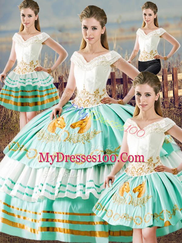 Custom Made V-neck Sleeveless Satin 15 Quinceanera Dress Embroidery and Ruffled Layers Lace Up