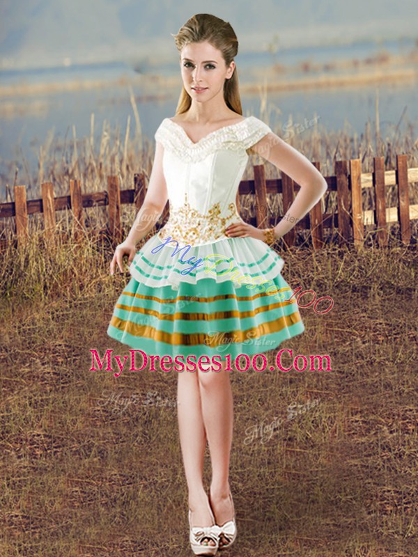 Custom Made V-neck Sleeveless Satin 15 Quinceanera Dress Embroidery and Ruffled Layers Lace Up