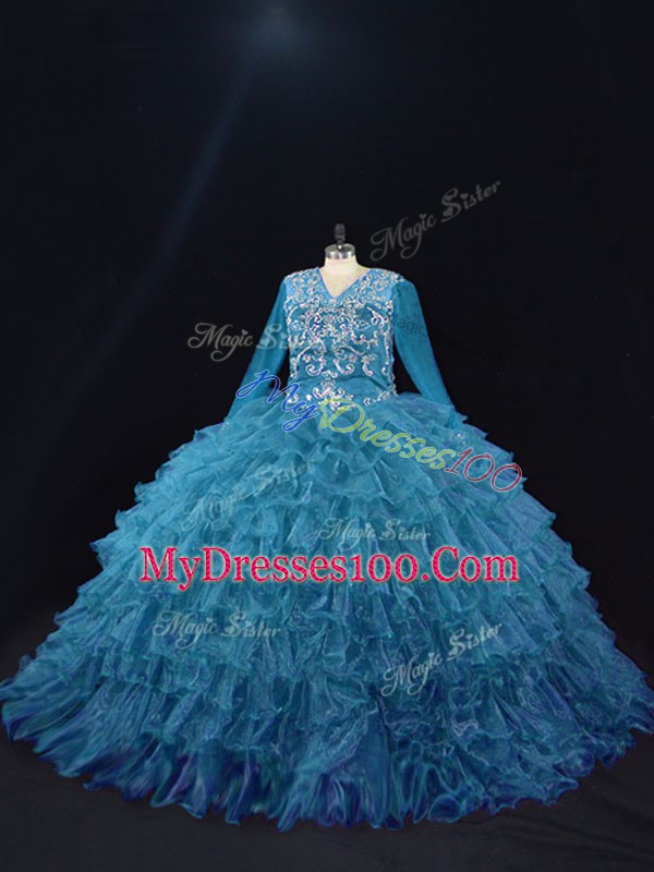 Flirting V-neck Long Sleeves 15th Birthday Dress Floor Length Beading and Ruffled Layers Teal Organza