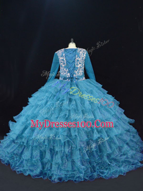 Flirting V-neck Long Sleeves 15th Birthday Dress Floor Length Beading and Ruffled Layers Teal Organza