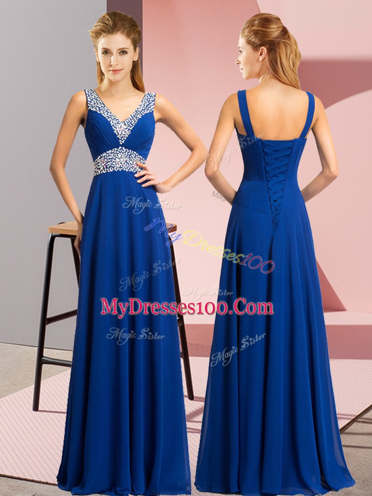Royal Blue V-neck Lace Up Beading Prom Party Dress Sleeveless