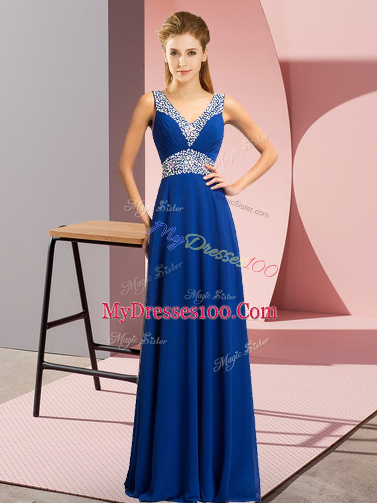 Royal Blue V-neck Lace Up Beading Prom Party Dress Sleeveless
