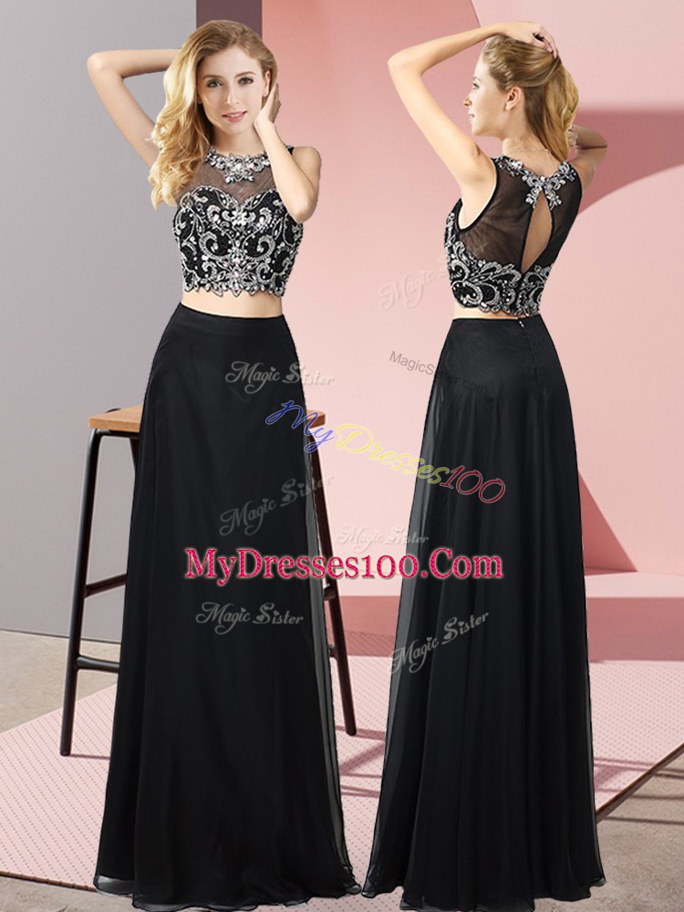Black Backless Prom Evening Gown Beading Sleeveless Floor Length