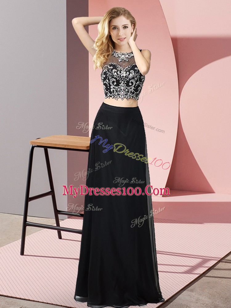 Black Backless Prom Evening Gown Beading Sleeveless Floor Length
