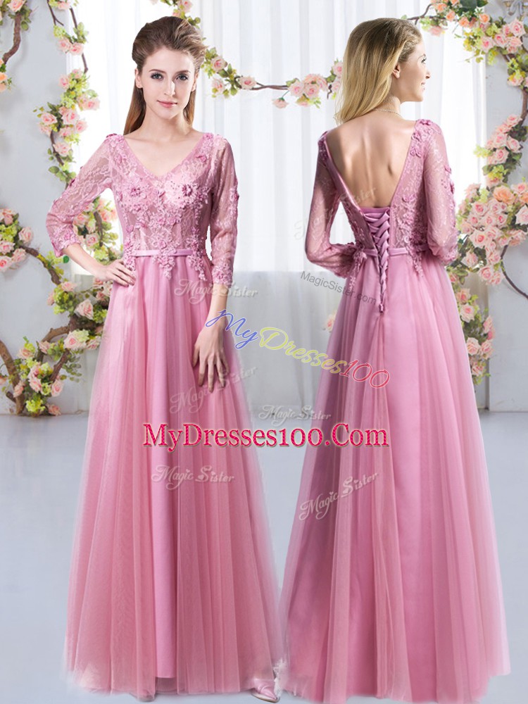 Elegant Pink 3 4 Length Sleeve Floor Length Lace and Appliques Lace Up Bridesmaid Dress