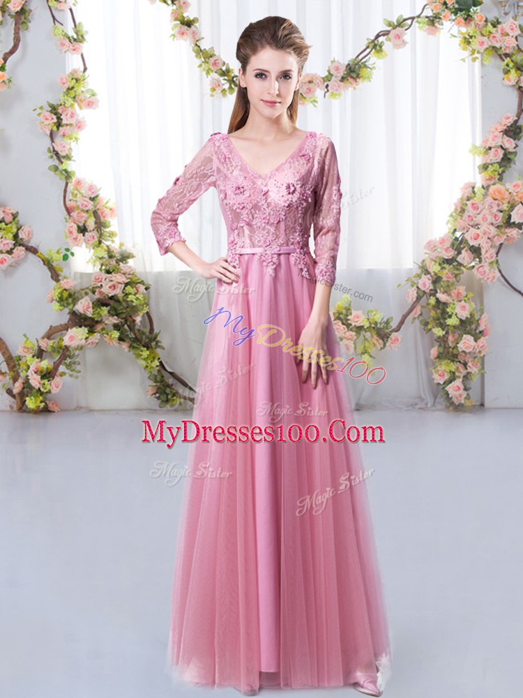 Elegant Pink 3 4 Length Sleeve Floor Length Lace and Appliques Lace Up Bridesmaid Dress