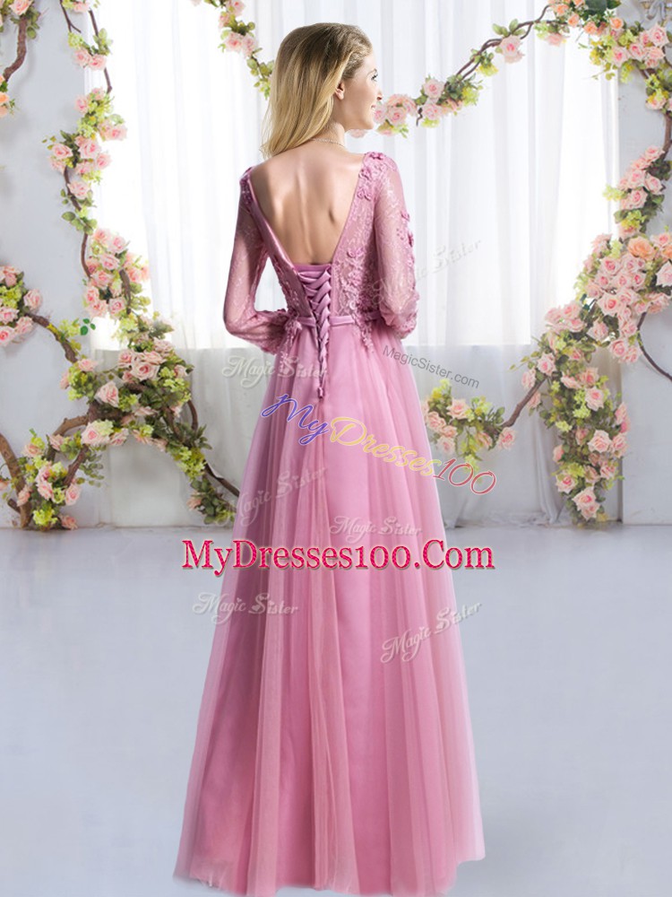 Elegant Pink 3 4 Length Sleeve Floor Length Lace and Appliques Lace Up Bridesmaid Dress