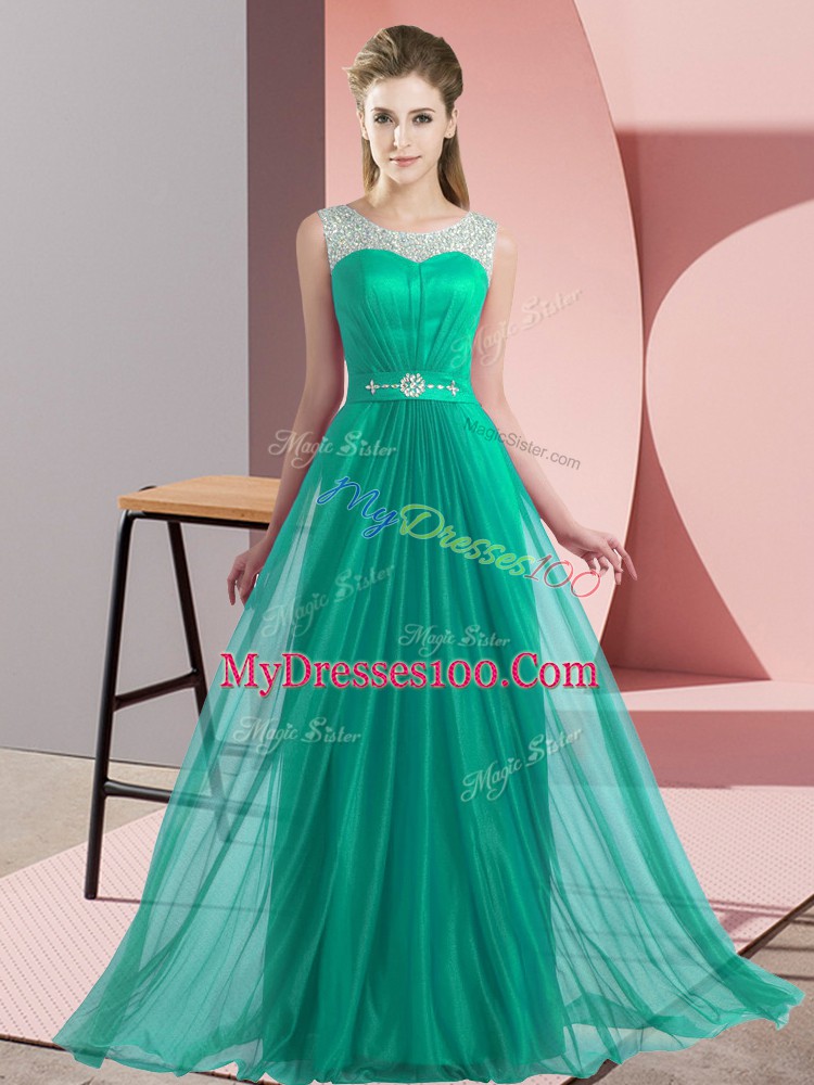 Custom Made Turquoise Chiffon Lace Up Scoop Sleeveless Floor Length Bridesmaid Dresses Beading