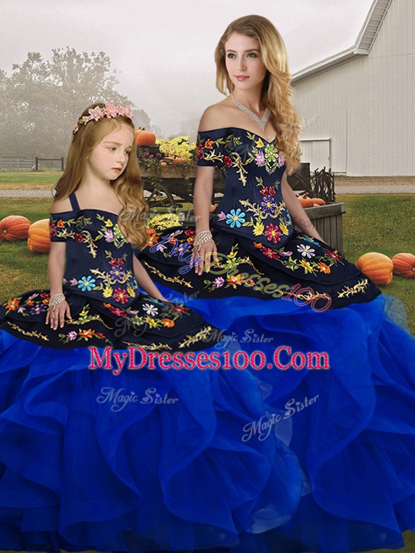 Royal Blue Tulle Lace Up Off The Shoulder Sleeveless Floor Length Sweet 16 Dresses Embroidery and Ruffles