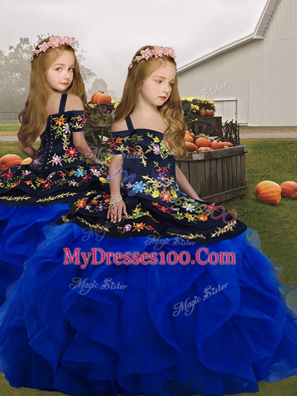 Royal Blue Tulle Lace Up Off The Shoulder Sleeveless Floor Length Sweet 16 Dresses Embroidery and Ruffles