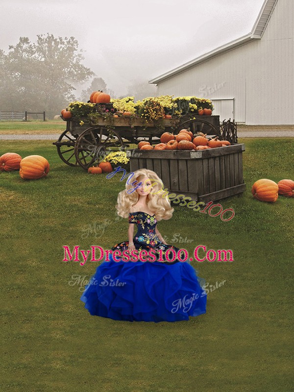 Royal Blue Tulle Lace Up Off The Shoulder Sleeveless Floor Length Sweet 16 Dresses Embroidery and Ruffles