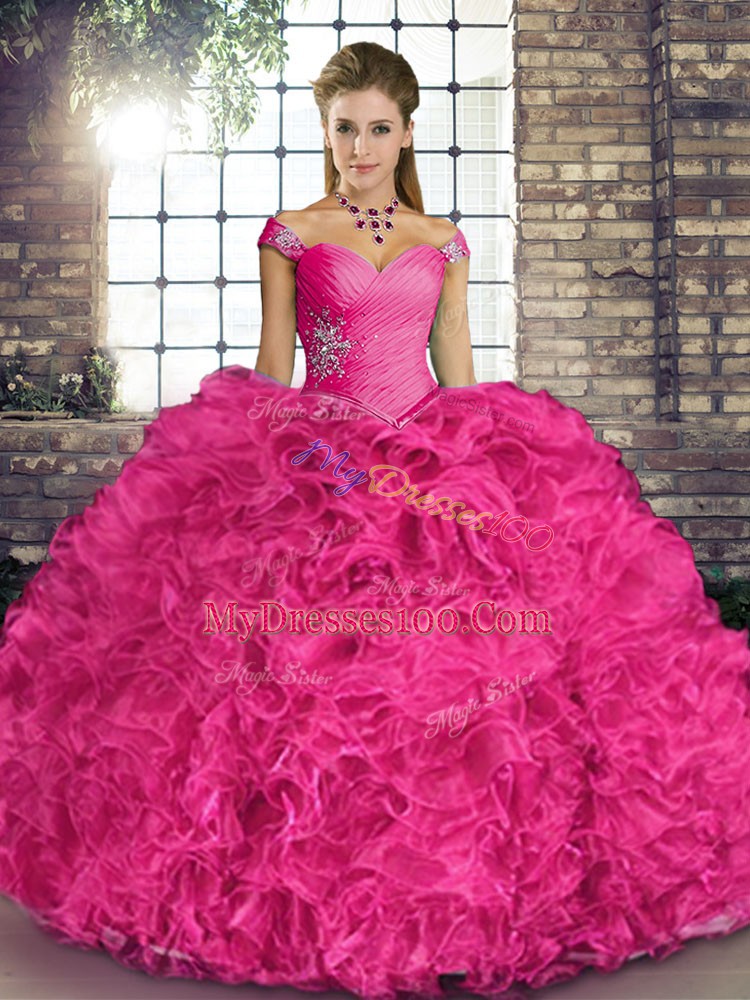Beading and Ruffles Quinceanera Gown Hot Pink Lace Up Sleeveless Floor Length