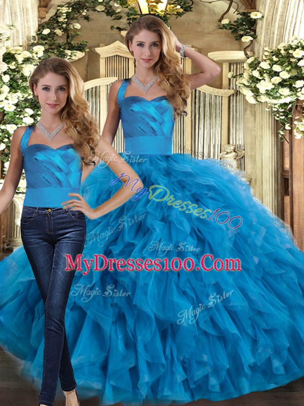 Tulle Halter Top Sleeveless Lace Up Ruffles Sweet 16 Quinceanera Dress in Blue