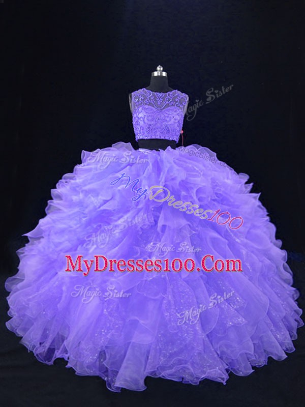 Customized Two Pieces Quinceanera Gowns Lavender Scoop Organza Sleeveless Floor Length Zipper