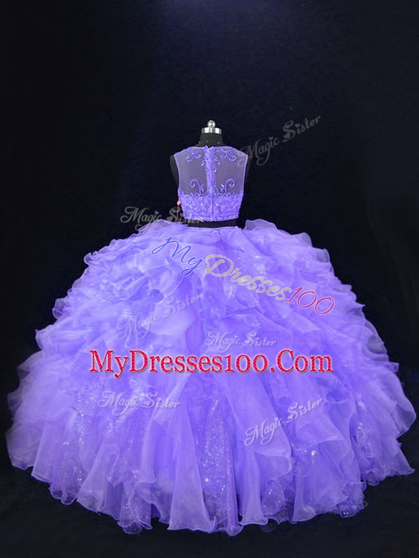 Customized Two Pieces Quinceanera Gowns Lavender Scoop Organza Sleeveless Floor Length Zipper