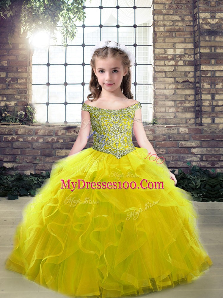 Custom Fit Sleeveless Tulle Floor Length Lace Up Child Pageant Dress in Olive Green with Beading and Ruffles