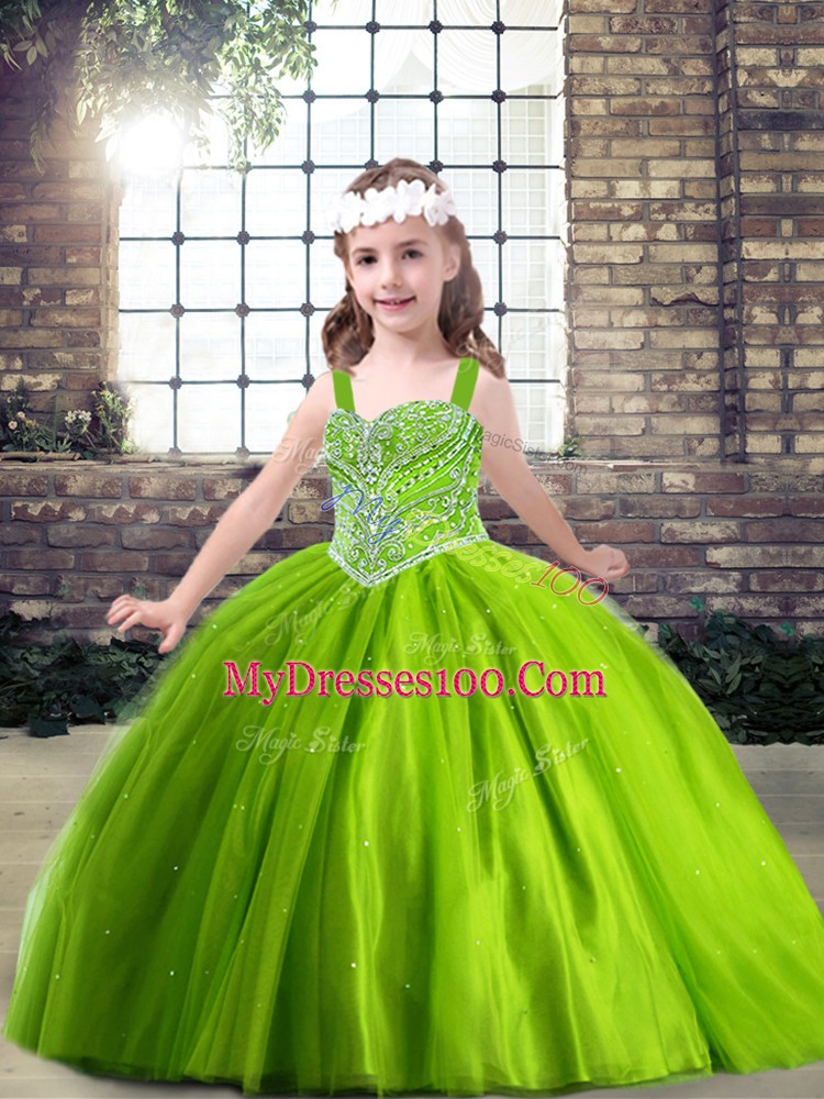 Green Ball Gowns Beading Pageant Dress for Womens Lace Up Tulle Sleeveless Floor Length