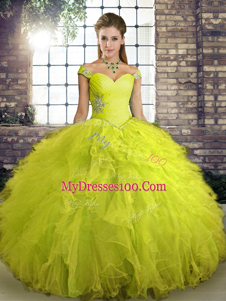 Classical Yellow Green Sleeveless Beading and Ruffles Floor Length Quince Ball Gowns