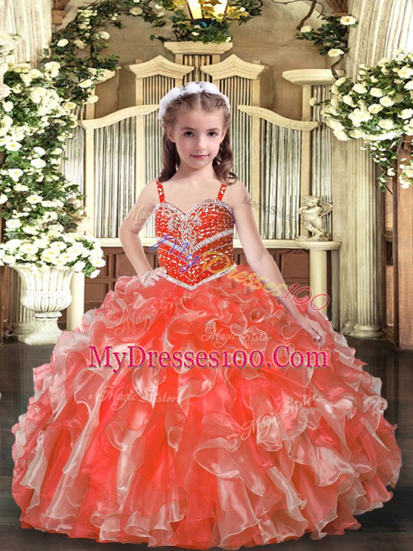 Super Floor Length Orange Red Little Girl Pageant Gowns Straps Sleeveless Lace Up