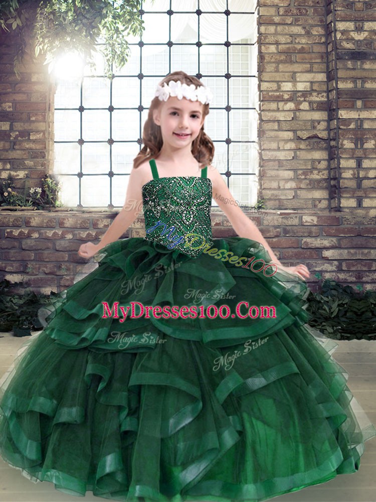 High Class Tulle Sleeveless Floor Length Girls Pageant Dresses and Beading and Ruffles