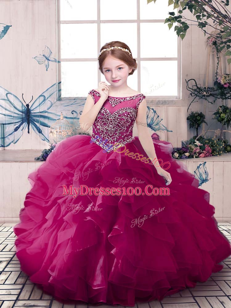 Admirable Fuchsia Scoop Neckline Beading and Ruffles Little Girls Pageant Dress Wholesale Sleeveless Zipper