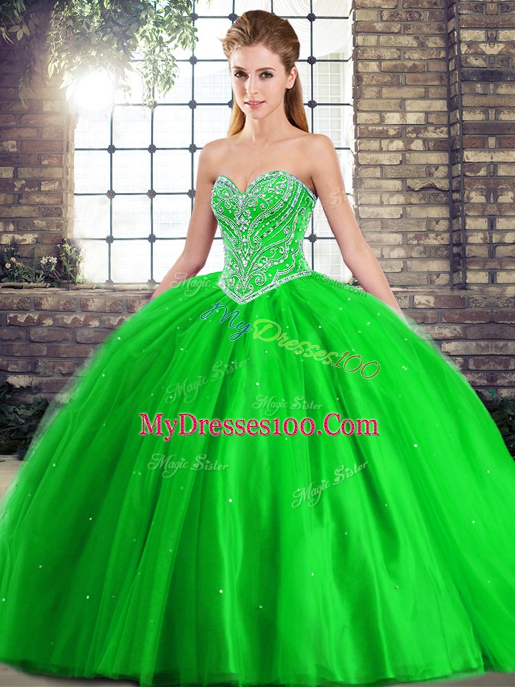 Green Ball Gowns Tulle Sweetheart Sleeveless Beading Lace Up Ball Gown Prom Dress Brush Train