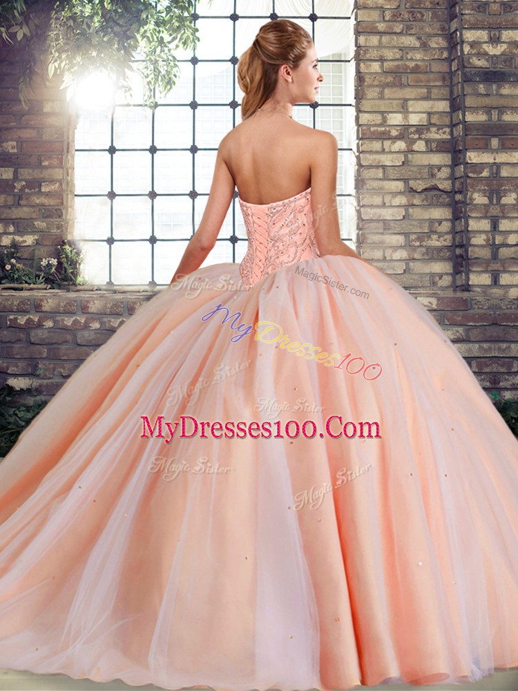 Green Ball Gowns Tulle Sweetheart Sleeveless Beading Lace Up Ball Gown Prom Dress Brush Train