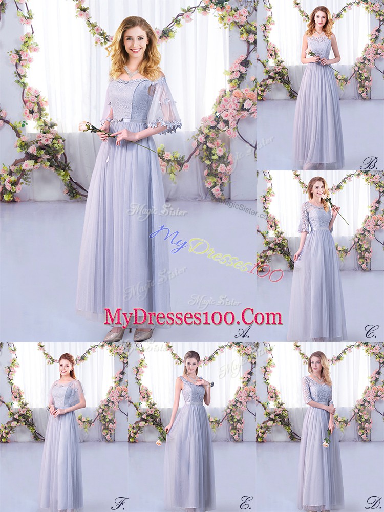 Grey Tulle Side Zipper Off The Shoulder Half Sleeves Floor Length Damas Dress Lace and Belt