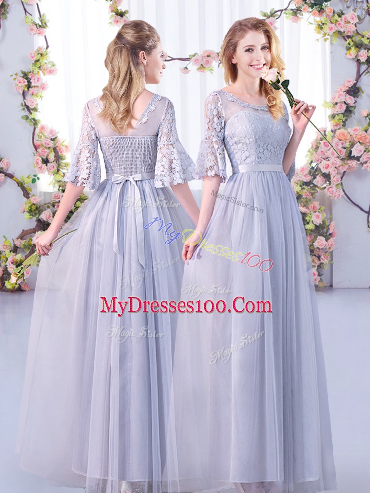 Grey Tulle Side Zipper Off The Shoulder Half Sleeves Floor Length Damas Dress Lace and Belt