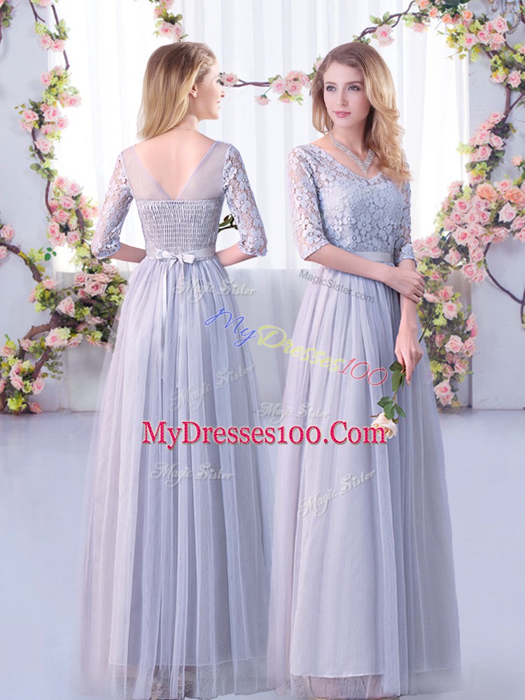 Grey Tulle Side Zipper Off The Shoulder Half Sleeves Floor Length Damas Dress Lace and Belt