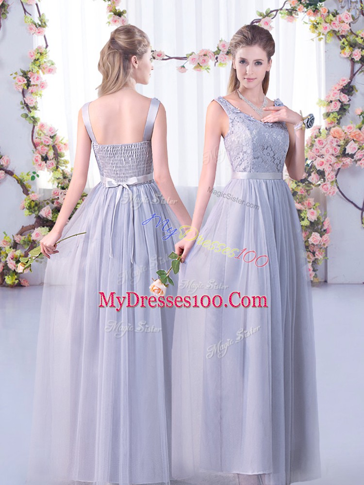 Grey Tulle Side Zipper Off The Shoulder Half Sleeves Floor Length Damas Dress Lace and Belt