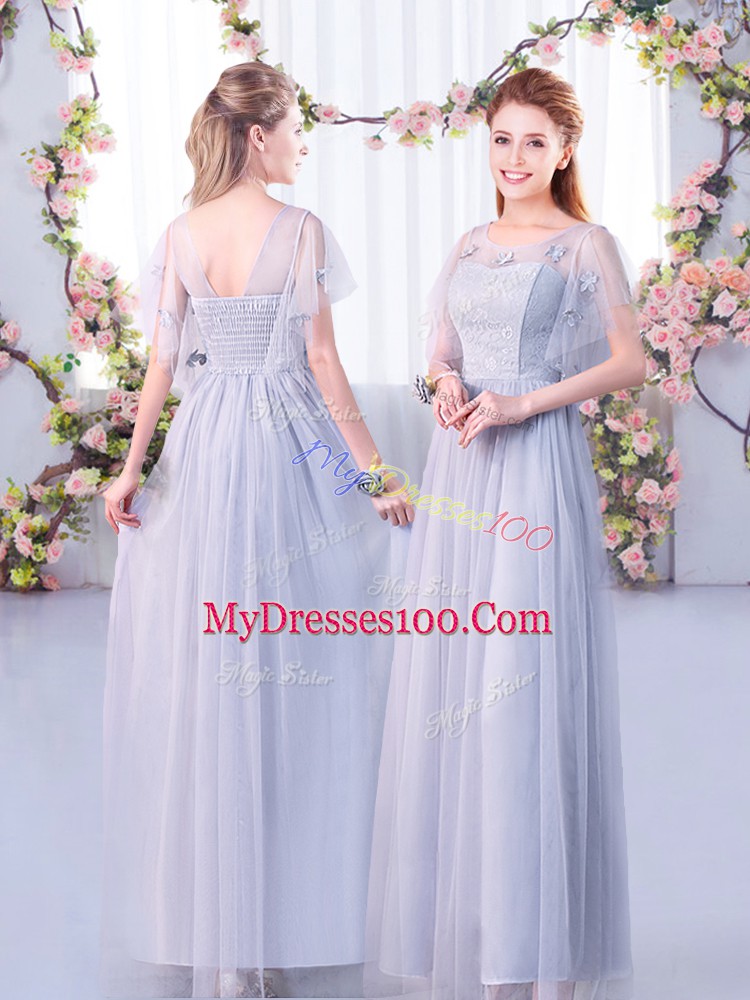 Grey Tulle Side Zipper Off The Shoulder Half Sleeves Floor Length Damas Dress Lace and Belt