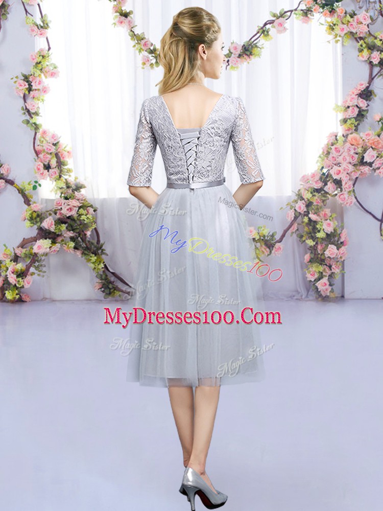 Charming Grey Tulle Lace Up Quinceanera Court of Honor Dress Half Sleeves Tea Length Lace and Belt