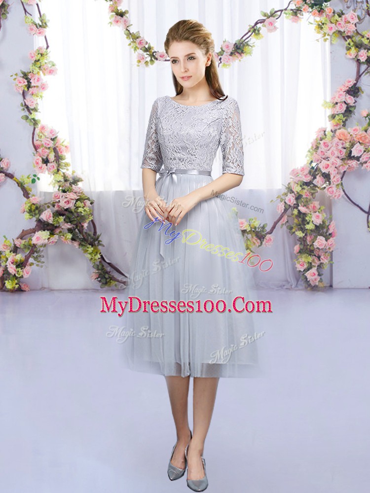 Charming Grey Tulle Lace Up Quinceanera Court of Honor Dress Half Sleeves Tea Length Lace and Belt