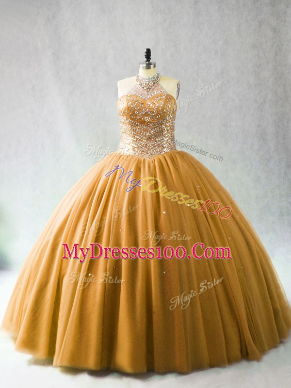 Graceful Halter Top Sleeveless Tulle Sweet 16 Quinceanera Dress Beading Brush Train Lace Up