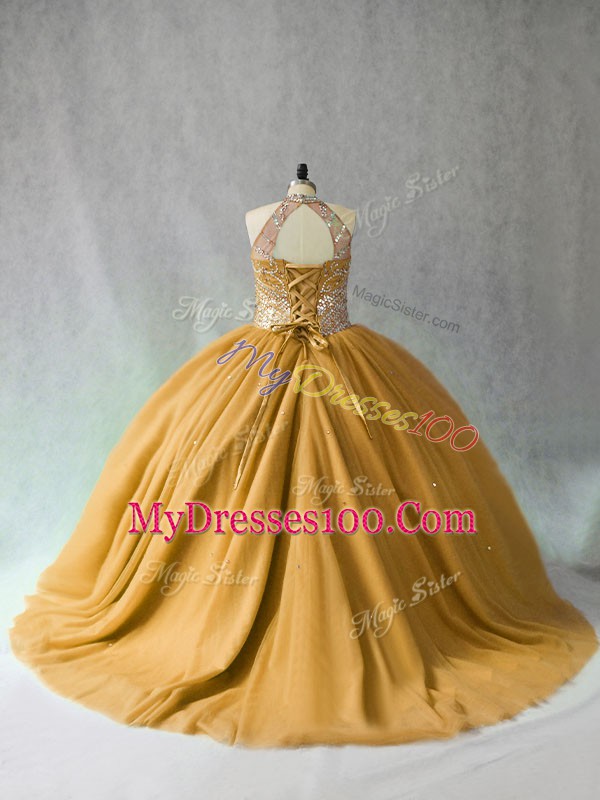 Graceful Halter Top Sleeveless Tulle Sweet 16 Quinceanera Dress Beading Brush Train Lace Up