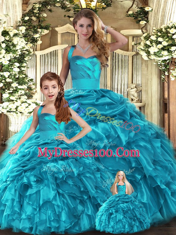 Adorable Halter Top Sleeveless Organza Ball Gown Prom Dress Ruffles and Pick Ups Lace Up