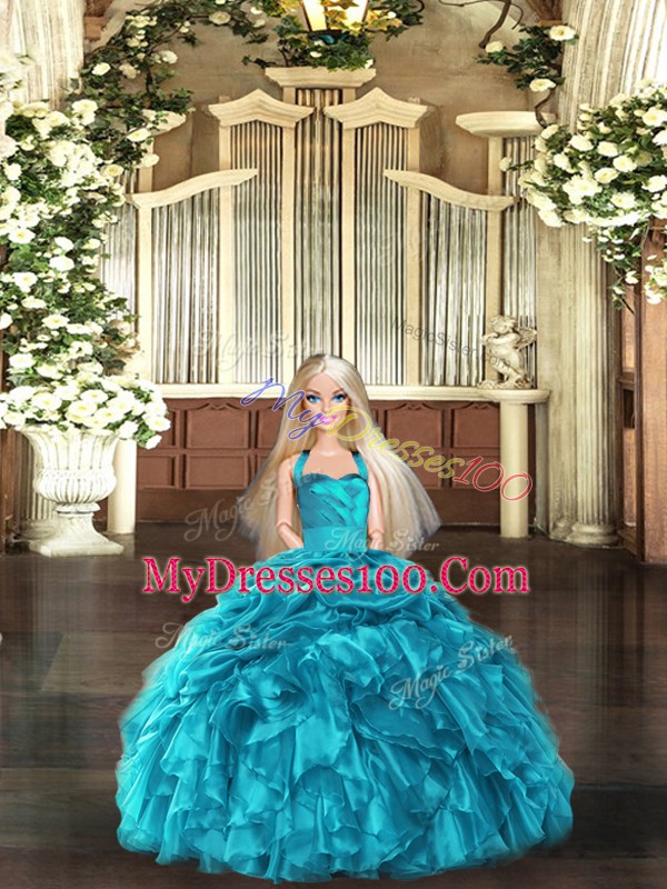 Adorable Halter Top Sleeveless Organza Ball Gown Prom Dress Ruffles and Pick Ups Lace Up